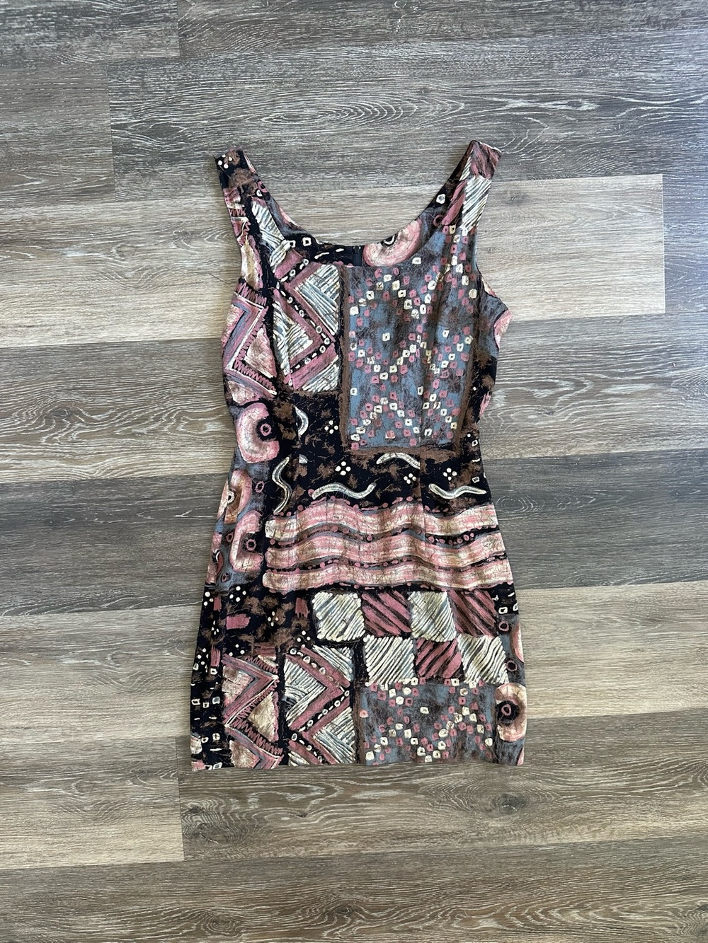 VTG La Belle Fashions Abstract Print Rayon Mini Dress 90s Grunge Boho Size S
